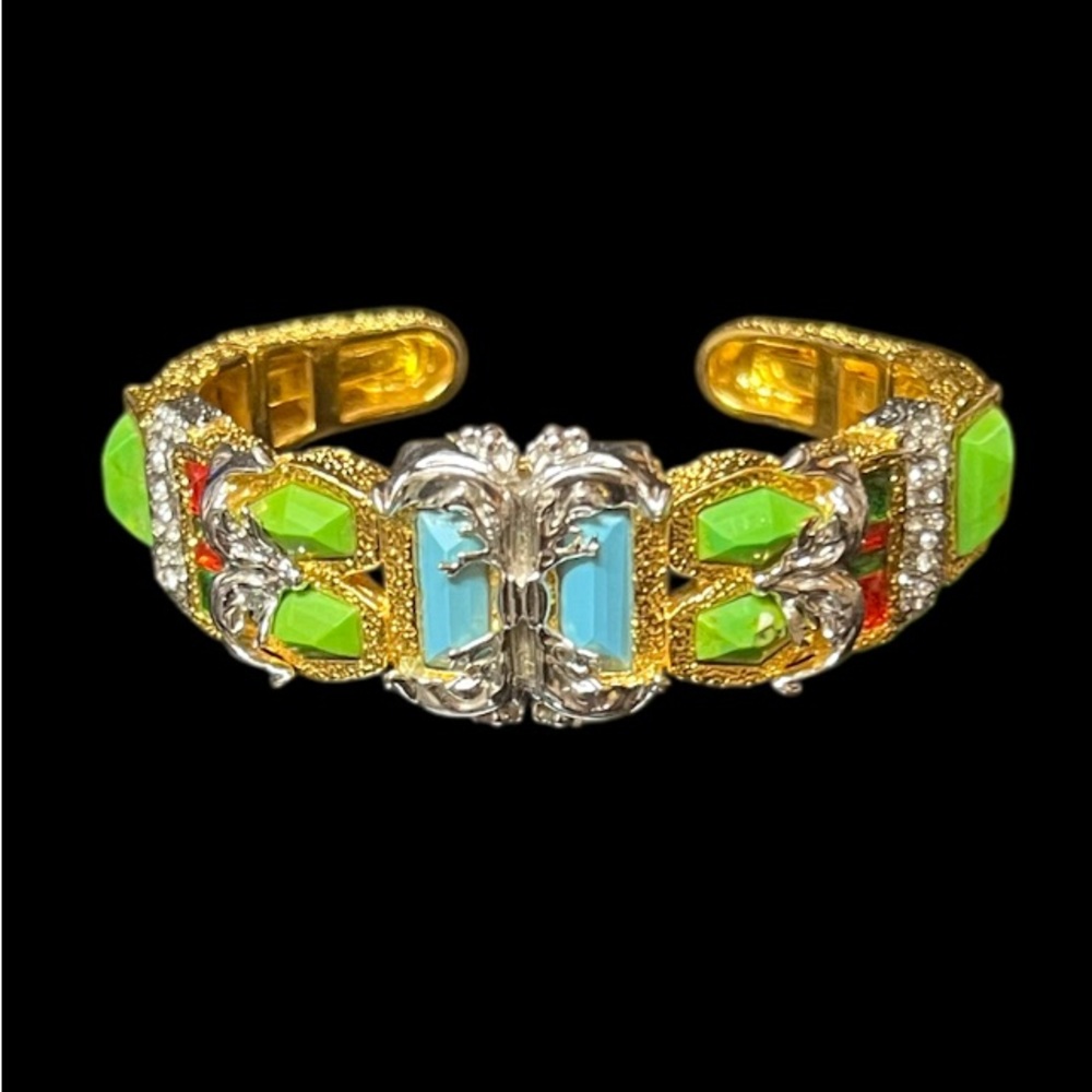 Alexis Bittar Turquoise, Swarovski Crystal Enamel Gold Tone Hinged Luxury Cuff